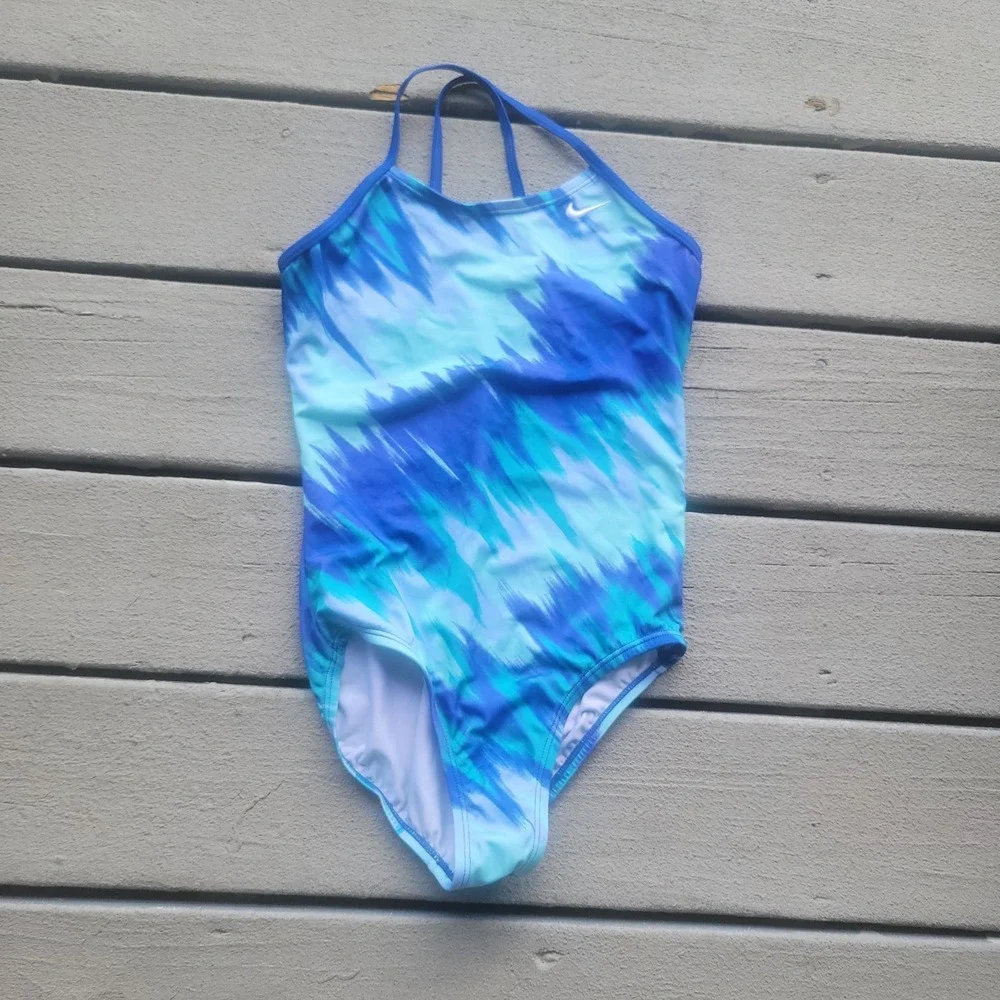 Nike Girls Immiscible Print One-Piece Swim Suit Bathing Game Royal M